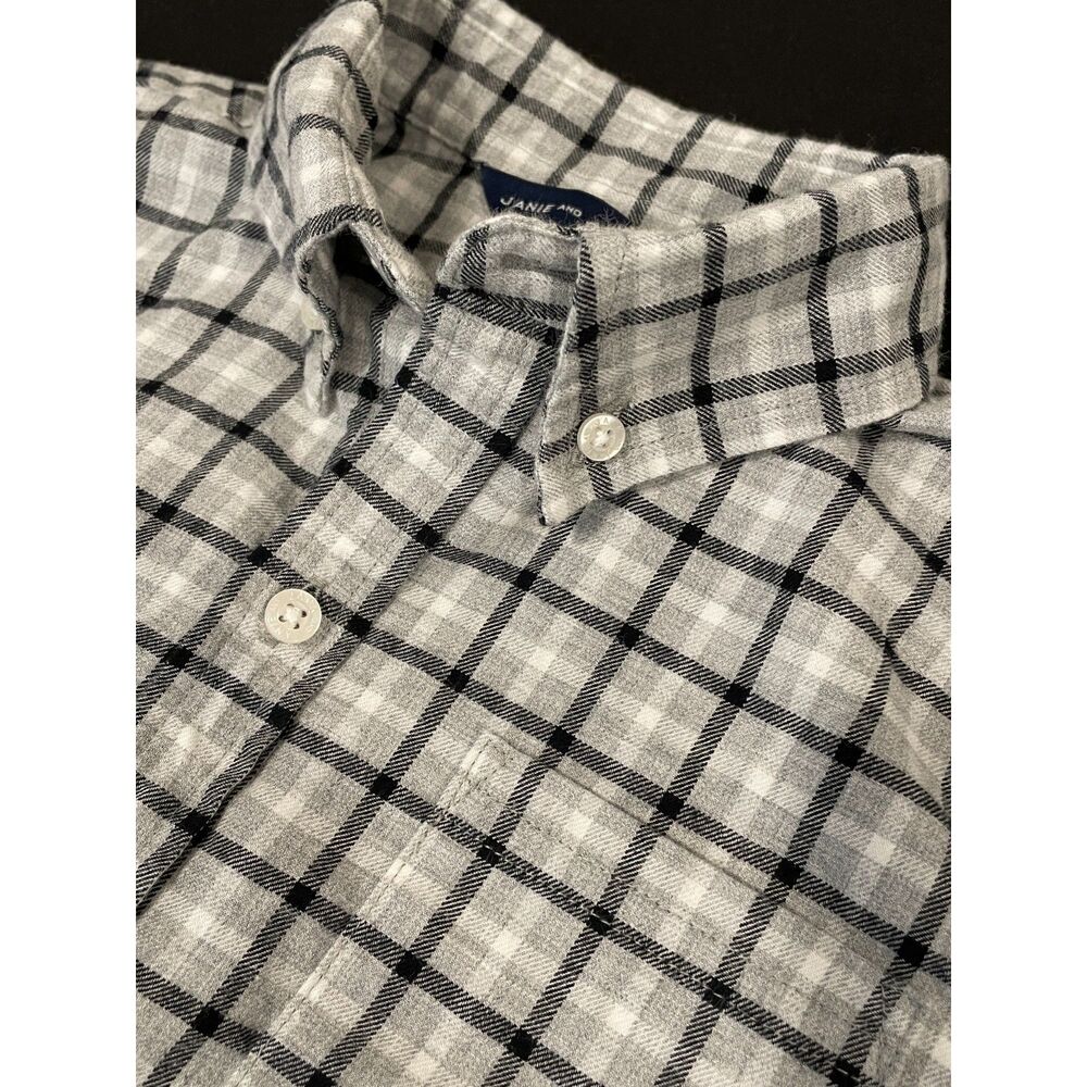 ~ Janie and Jack 8 Boy's Button Down Shirt Plaid Blue Black Gray Flannel Cotton